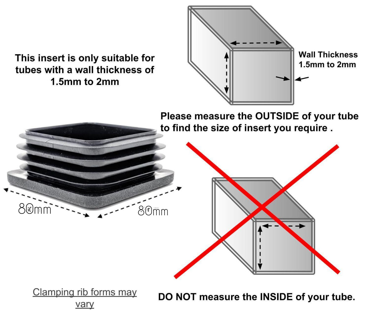 MODEL MT-125 SIZE 80MM SQUARE FLAT END CAPS BOTTOMS FOR TABLE & CHAIR LEGS & ALL OTHER TUBULAR FEET